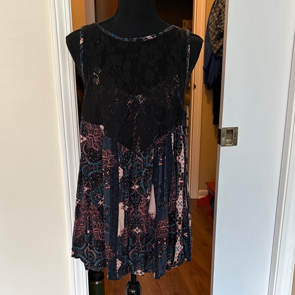 Free People Black Lace Tank with Pink and Teal Paisley